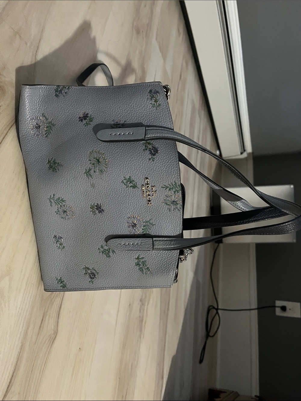 Coach Light Gray Floral Pebbled Leather Tote with Gold Logo